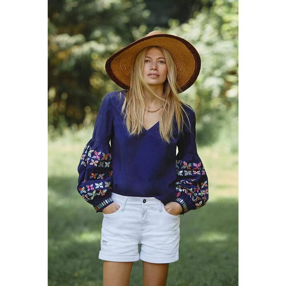 Maeve Navy V-Neck Blouse with Embroidered Balloon Sleeves